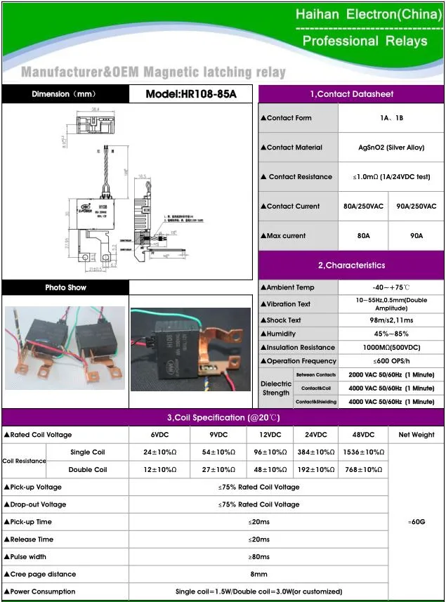 Electromagnetic Power Relay Customization Magnetic Latching Relay Manufacturer Holding Relay 80A