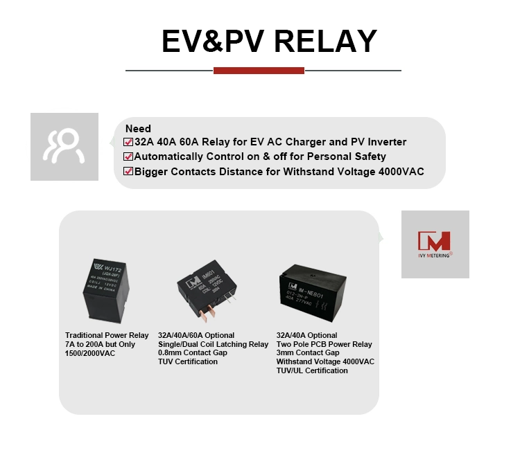 UL/CE/TUV 30A 40A 12V Coil 2 Pole Contact Dpst No PCB Power Relay for EV Charger